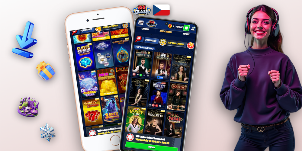 Čtyři obrazovky Bigclash Casino android app – lobby, sloty, ruleta a sázky