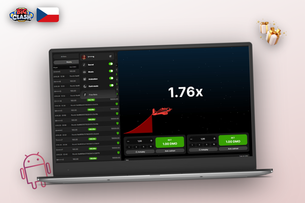 Smartphone a notebook zobrazují Aviator app Bigclash Casino s rostoucí křivkou násobitele