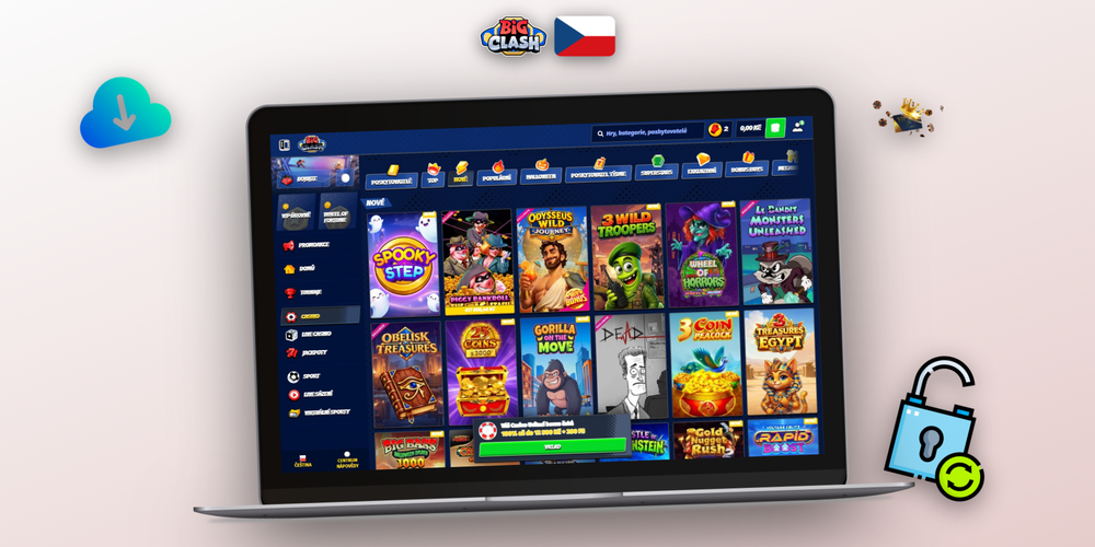 Bigclash Casino v počítači zobrazuje lobby slotů, pokladnu a živý chat v jednom okně